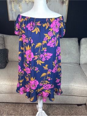 Express Navy Floral Off-Shoulder A-Line dress with Hot Pink & Mustard